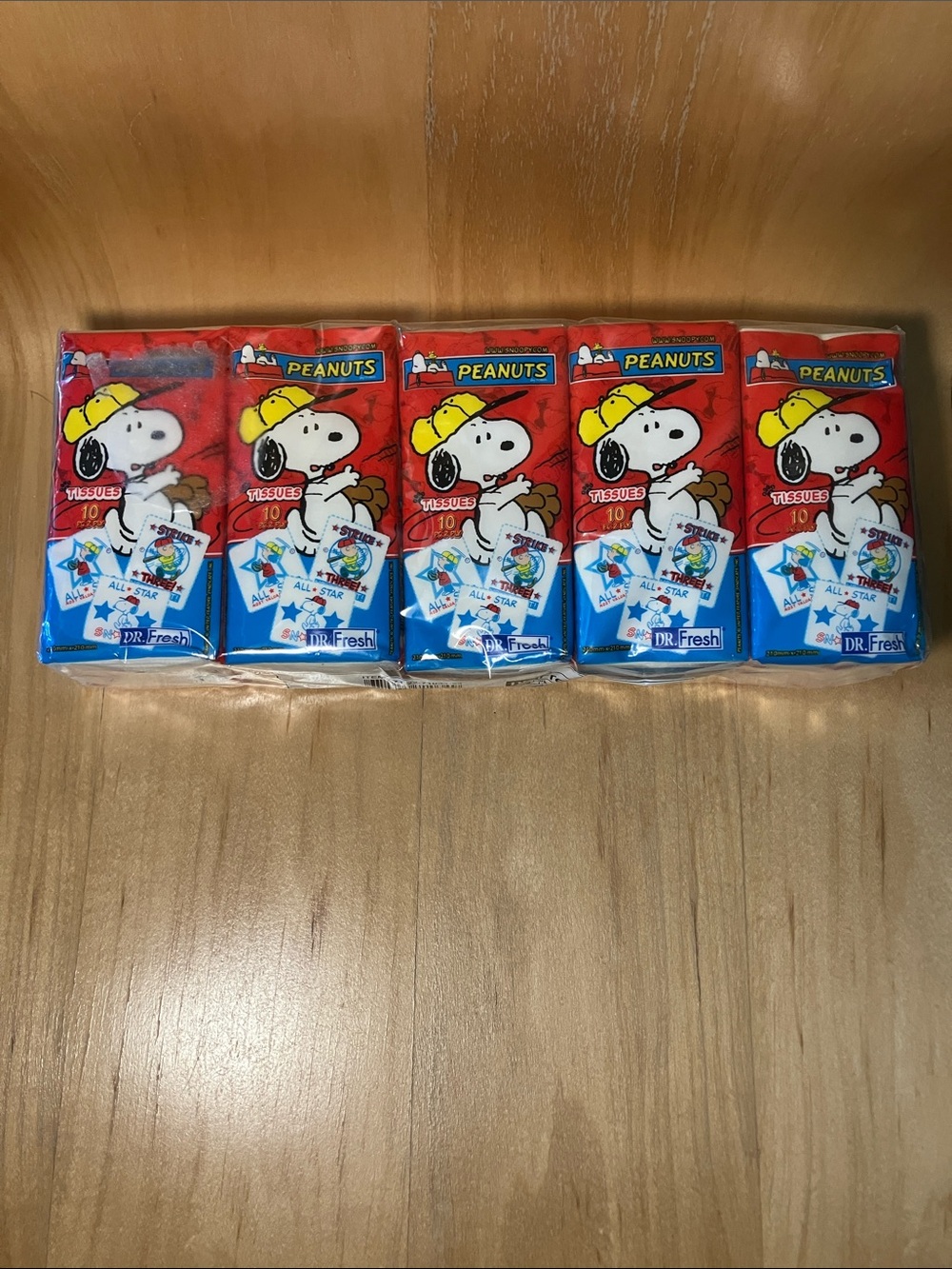 Peanuts All Star Tissues. 10 packs of 10 2 ply tissues.